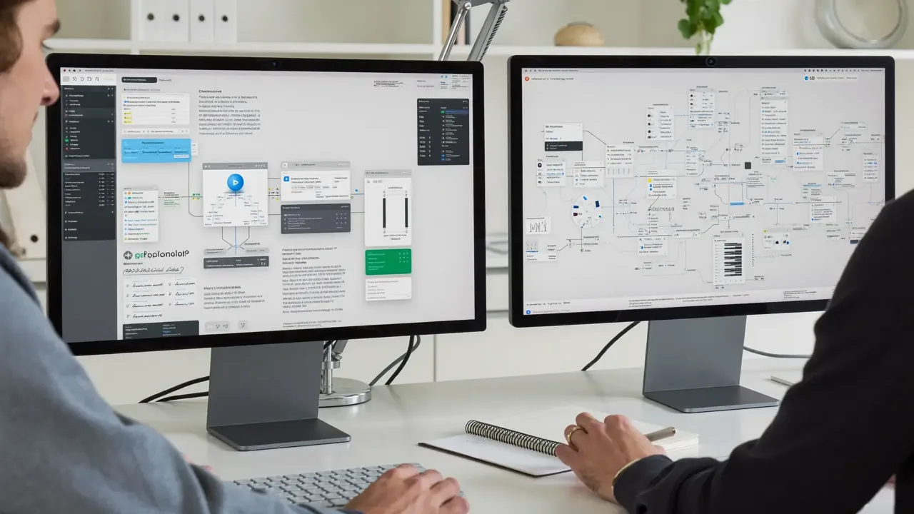 An automation workflow builder on two monitors
