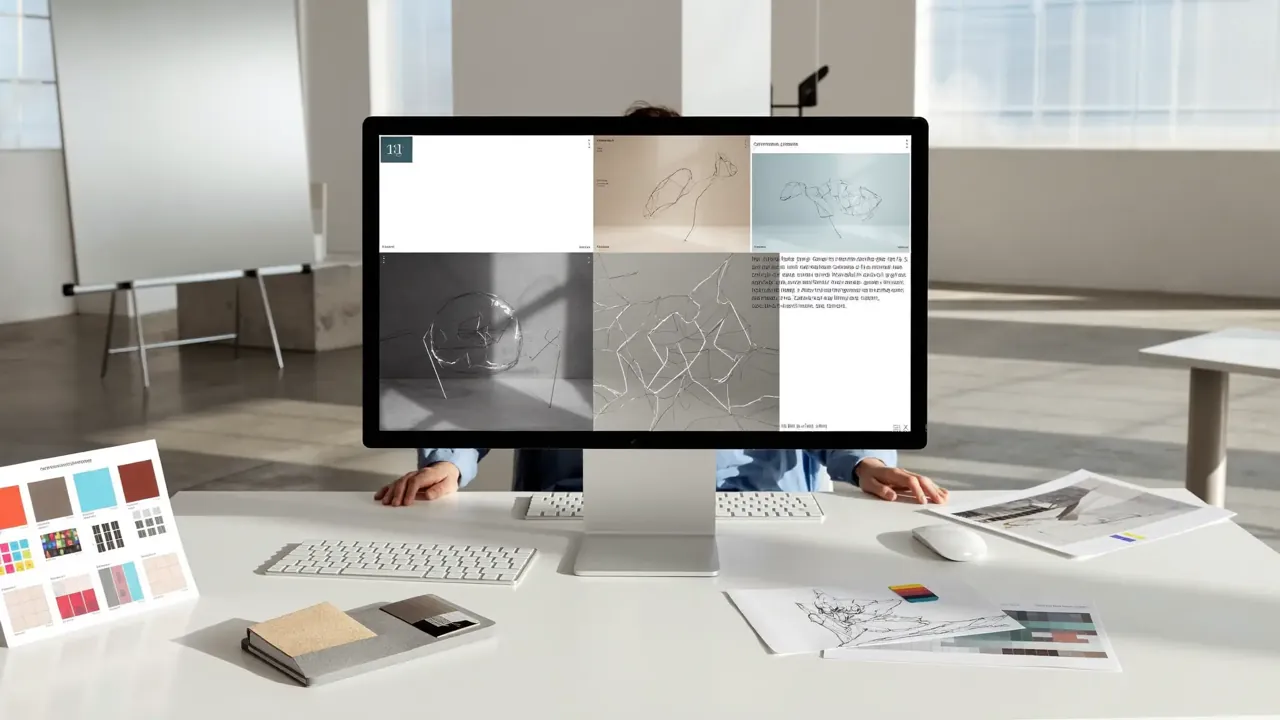 Brand identity design on desktop with colour swatches