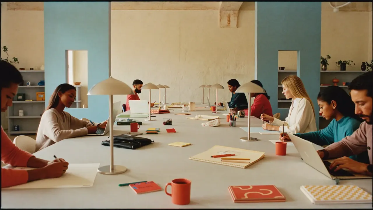 A workshop at a long studio table, people working on laptops and sketches