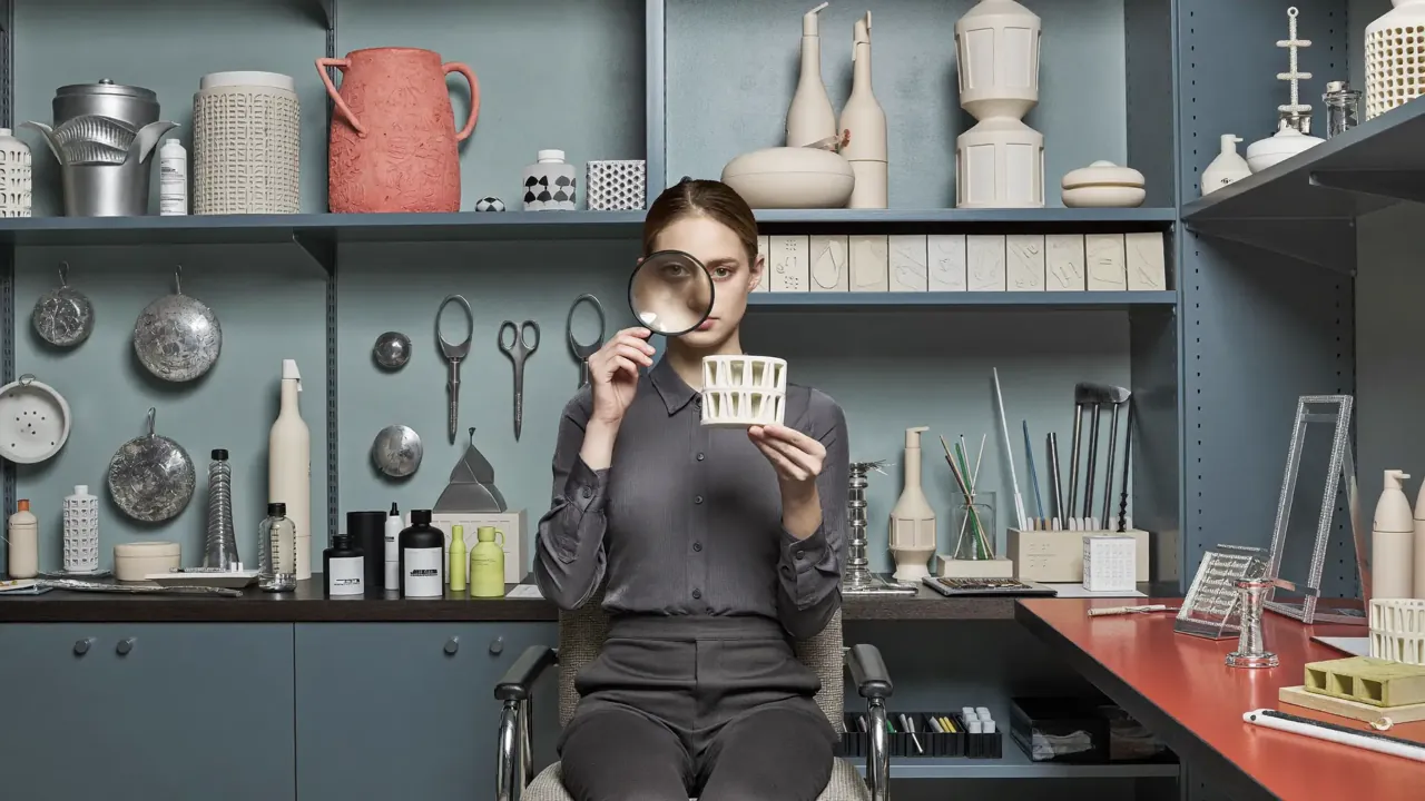 Designer inspecting 3d printed model with magnifier