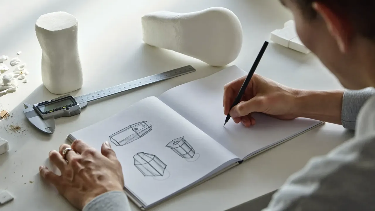 A designer sketching product concepts beside a foam model and calipers