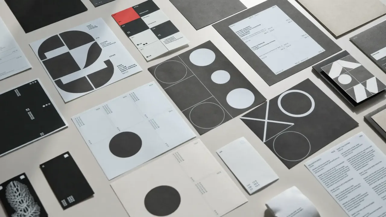 Geometric posters and stationery laid out on a table