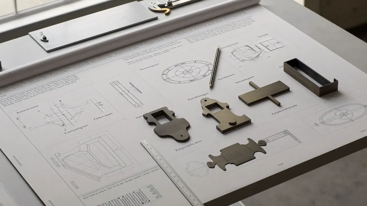 Laser cut steel parts on technical drawing
