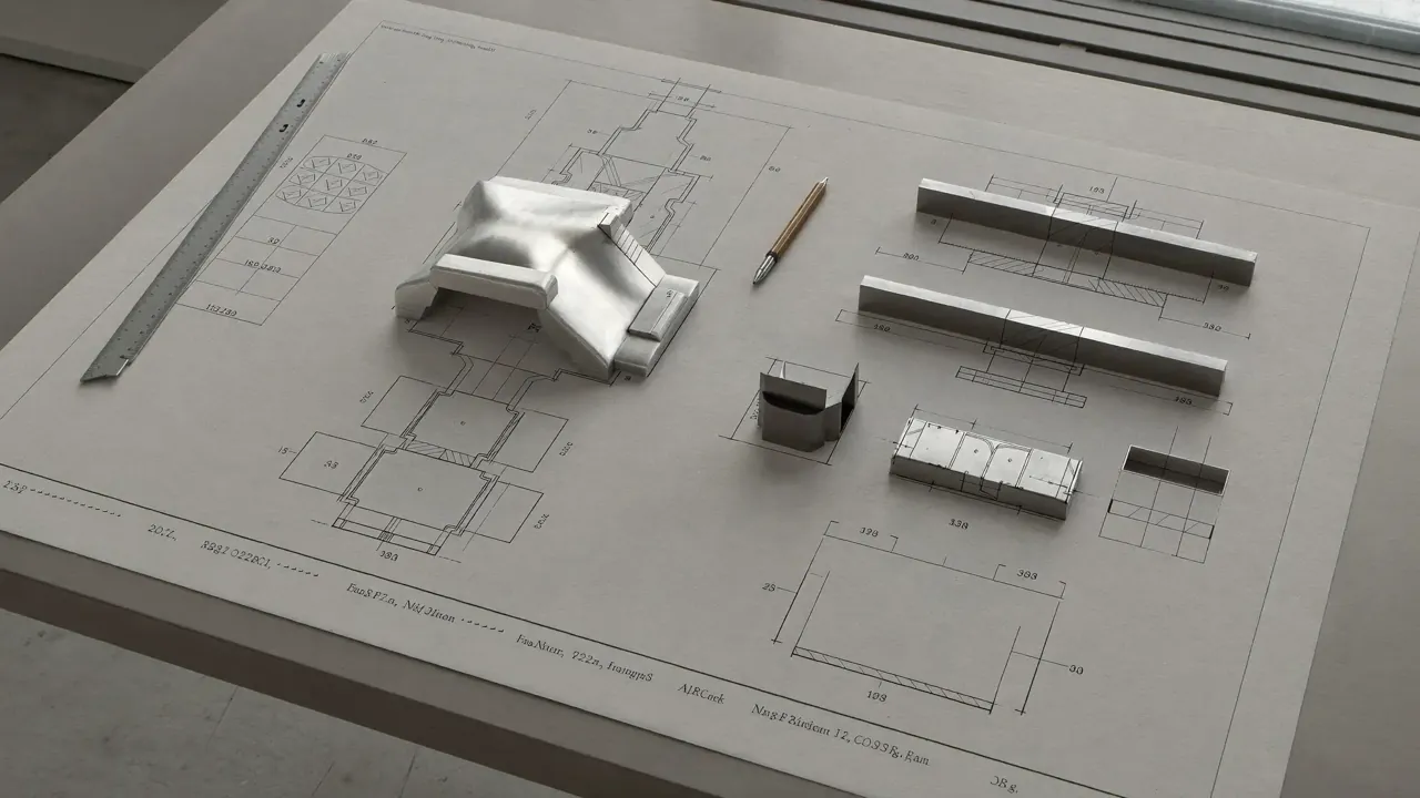Machined aluminum parts on blueprint