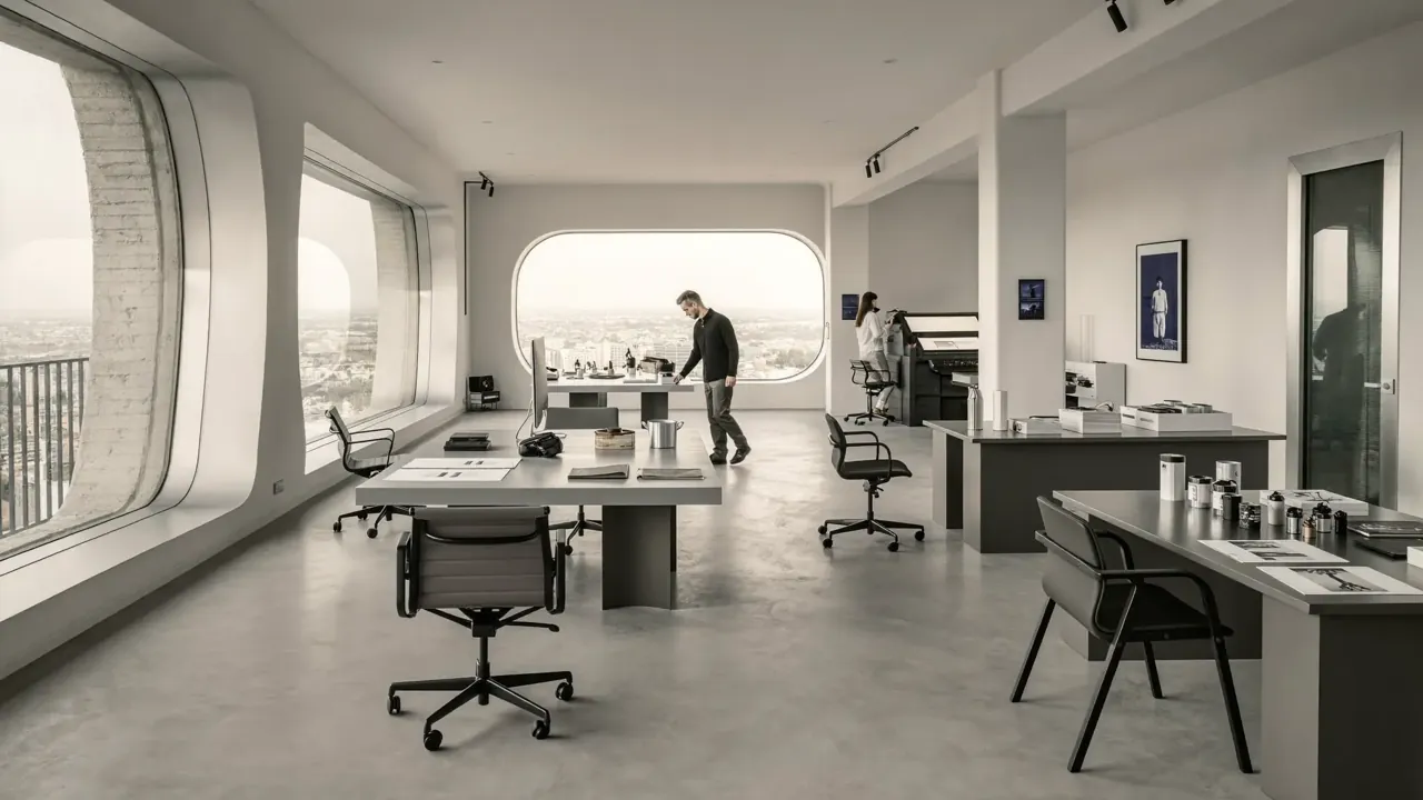 A quiet studio office with a wide city view
