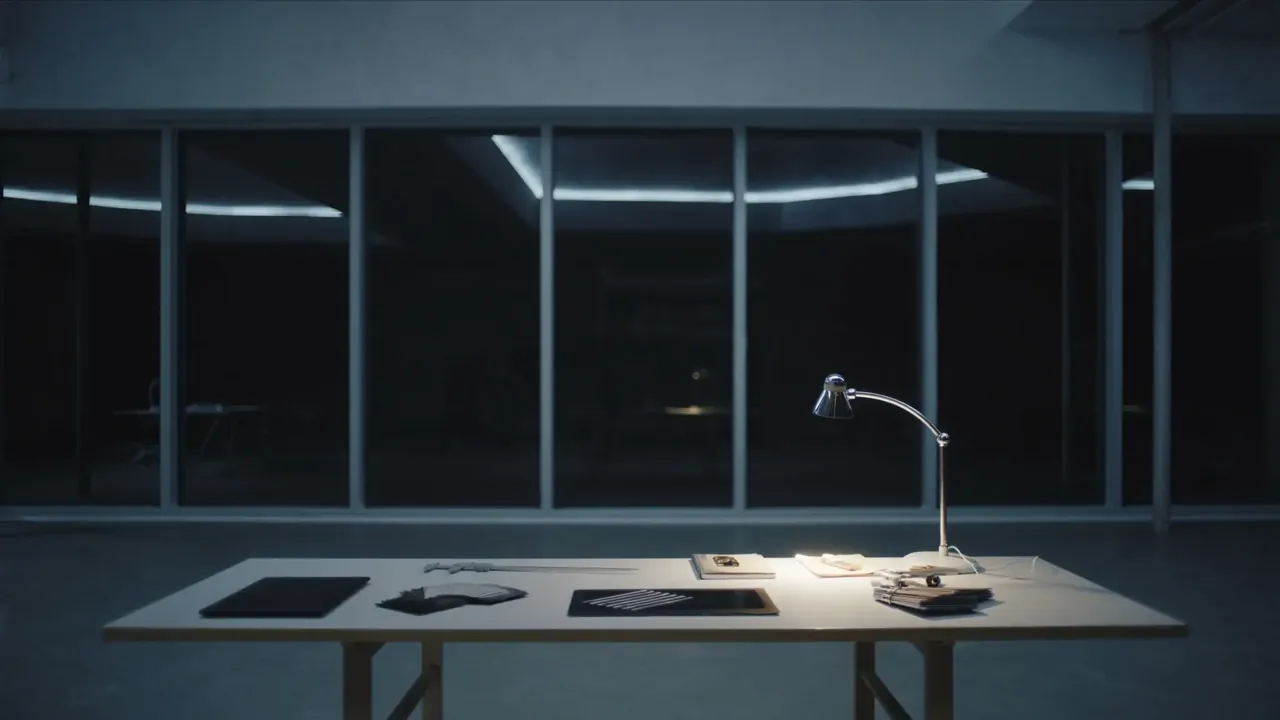 Minimal studio desk at night with desk lamp