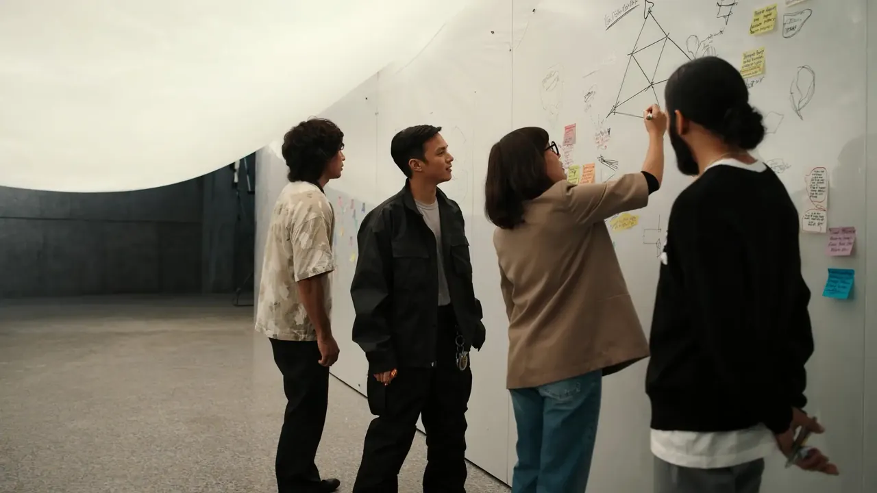 Team brainstorming at whiteboard