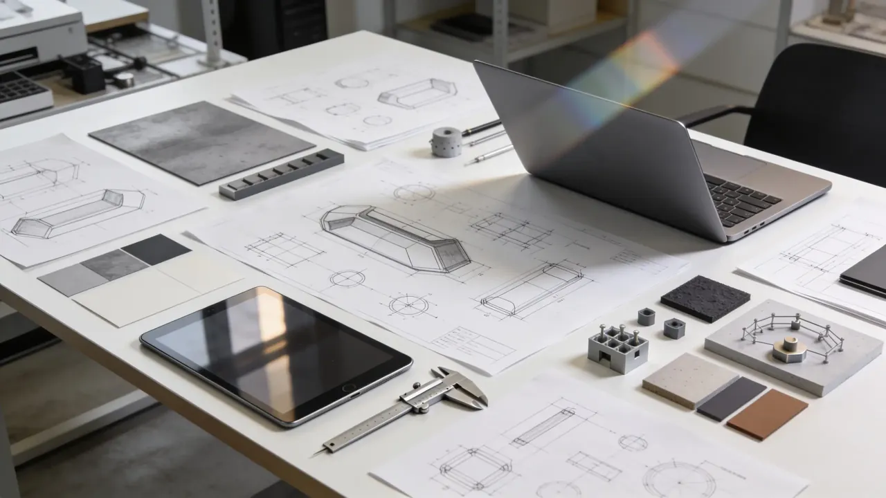 Technical drawings calipers and material samples