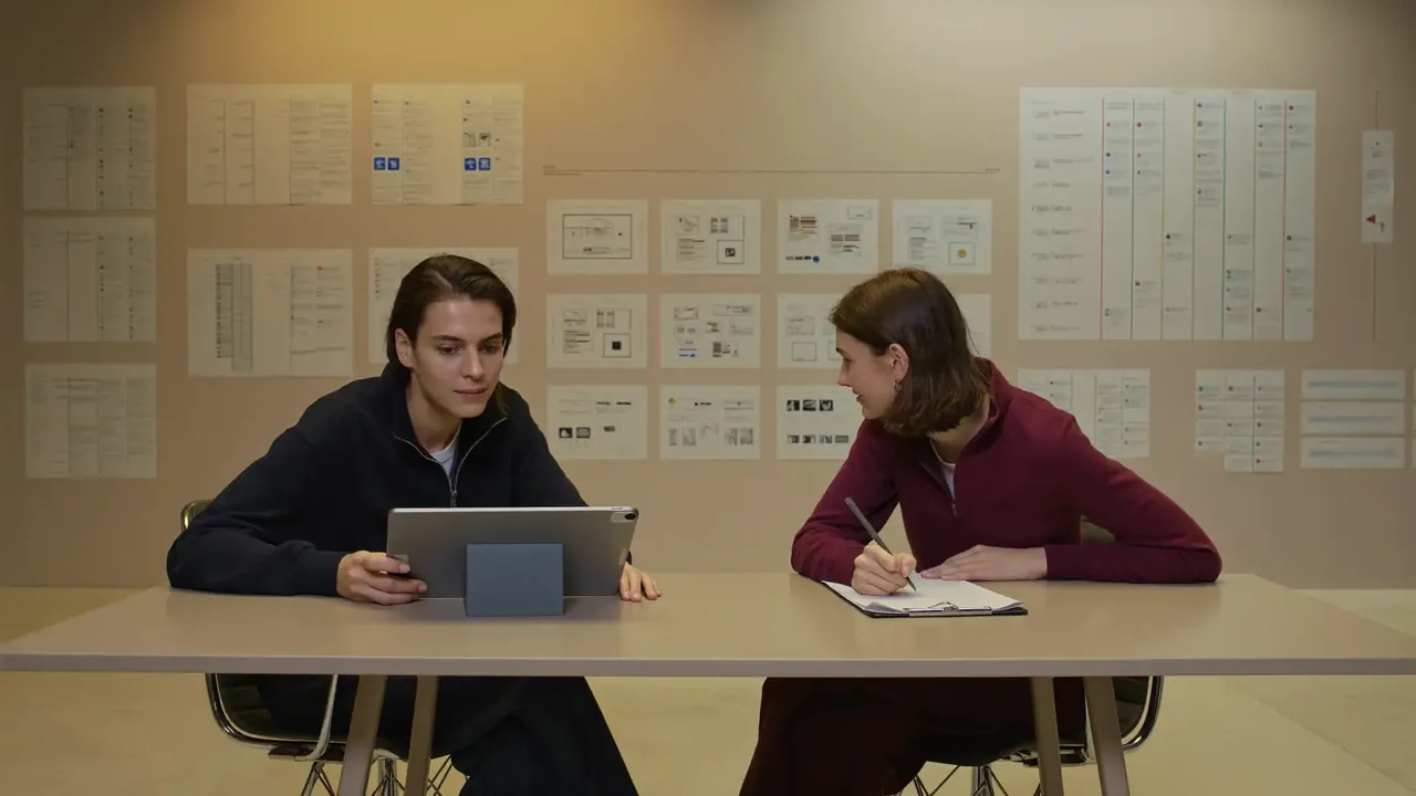 Designers reviewing wireframes pinned to a wall