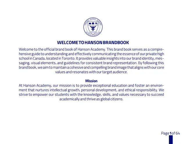 Hanson Academy brand book, page 1