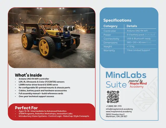 Maple Mind Academy robotics kit packaging, TriBot robotics kit, back version 2