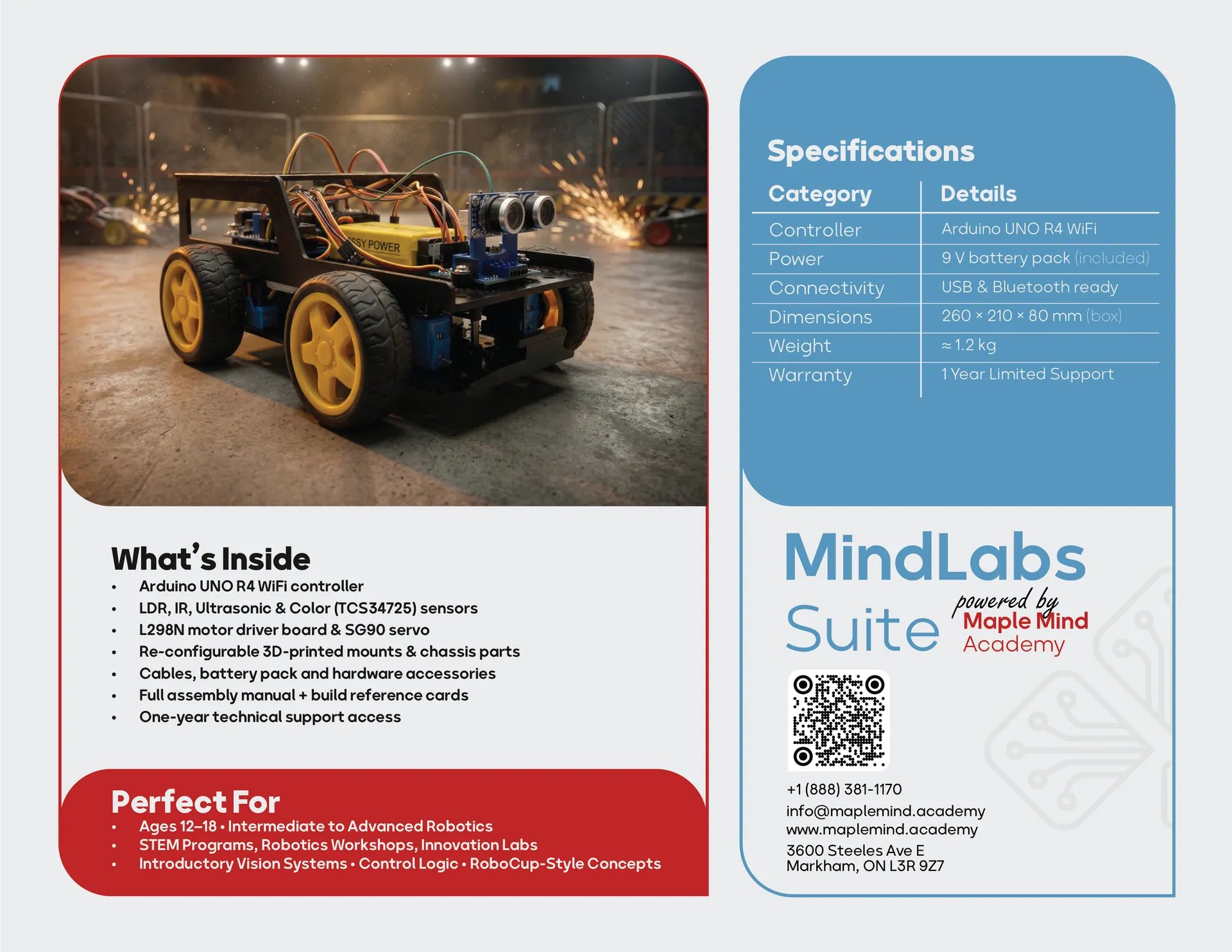 Maple Mind Academy robotics kit packaging, TriBot robotics kit, back version 2