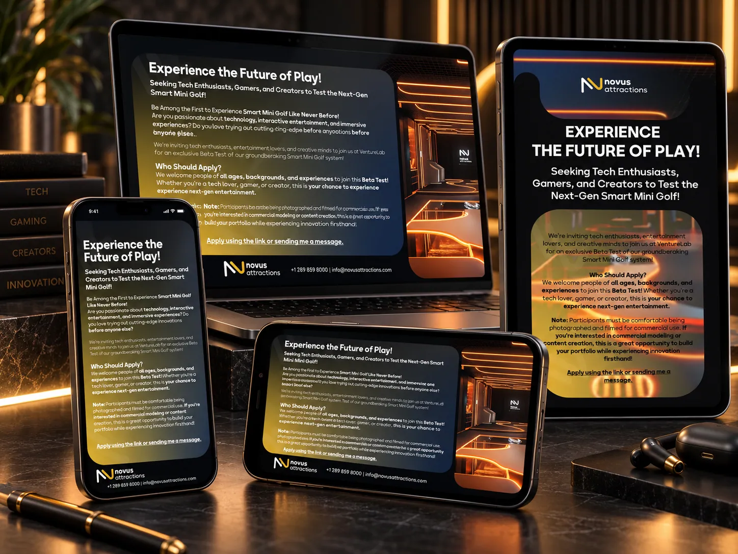 Novus Attractions “Future of Play” digital invitation, showcase mockup