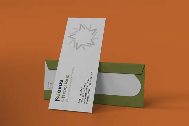 Novus Attractions rebranding & brand book, Brand applications, envelope mockup