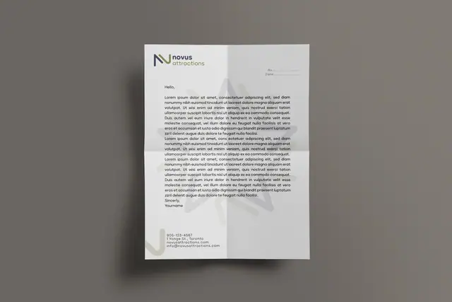 Novus Attractions rebranding & brand book, Brand applications, letterhead
