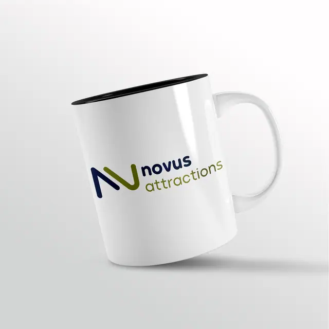Novus Attractions rebranding & brand book, Brand applications, mug