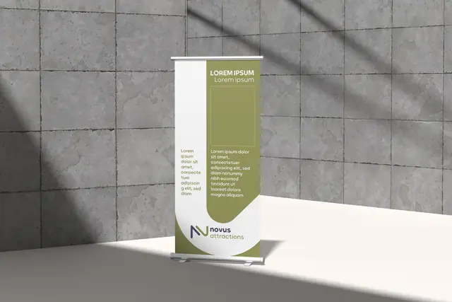 Novus Attractions rebranding & brand book, Brand applications, roll up banner