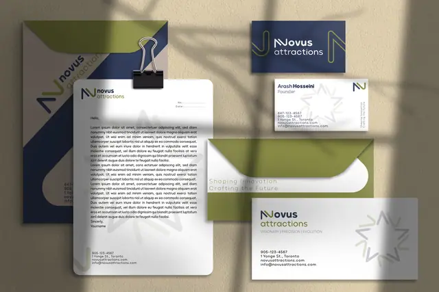 Novus Attractions rebranding & brand book, Brand applications, stationery set