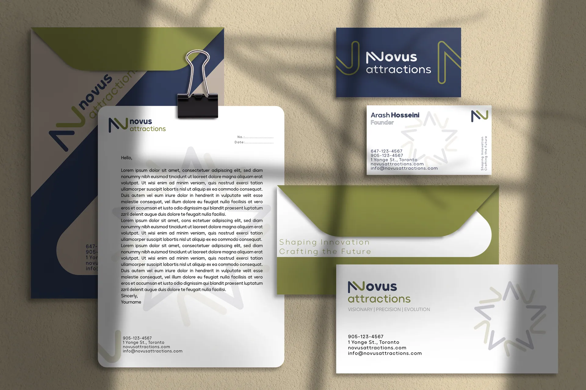 Novus Attractions rebranding & brand book, Brand applications, stationery set