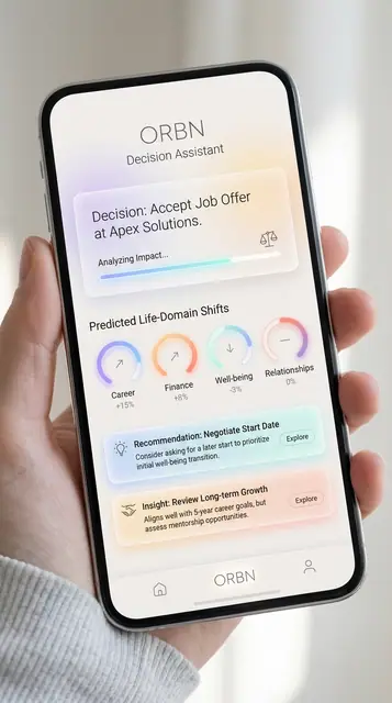 ORBN app UI design, decision assistant job offer