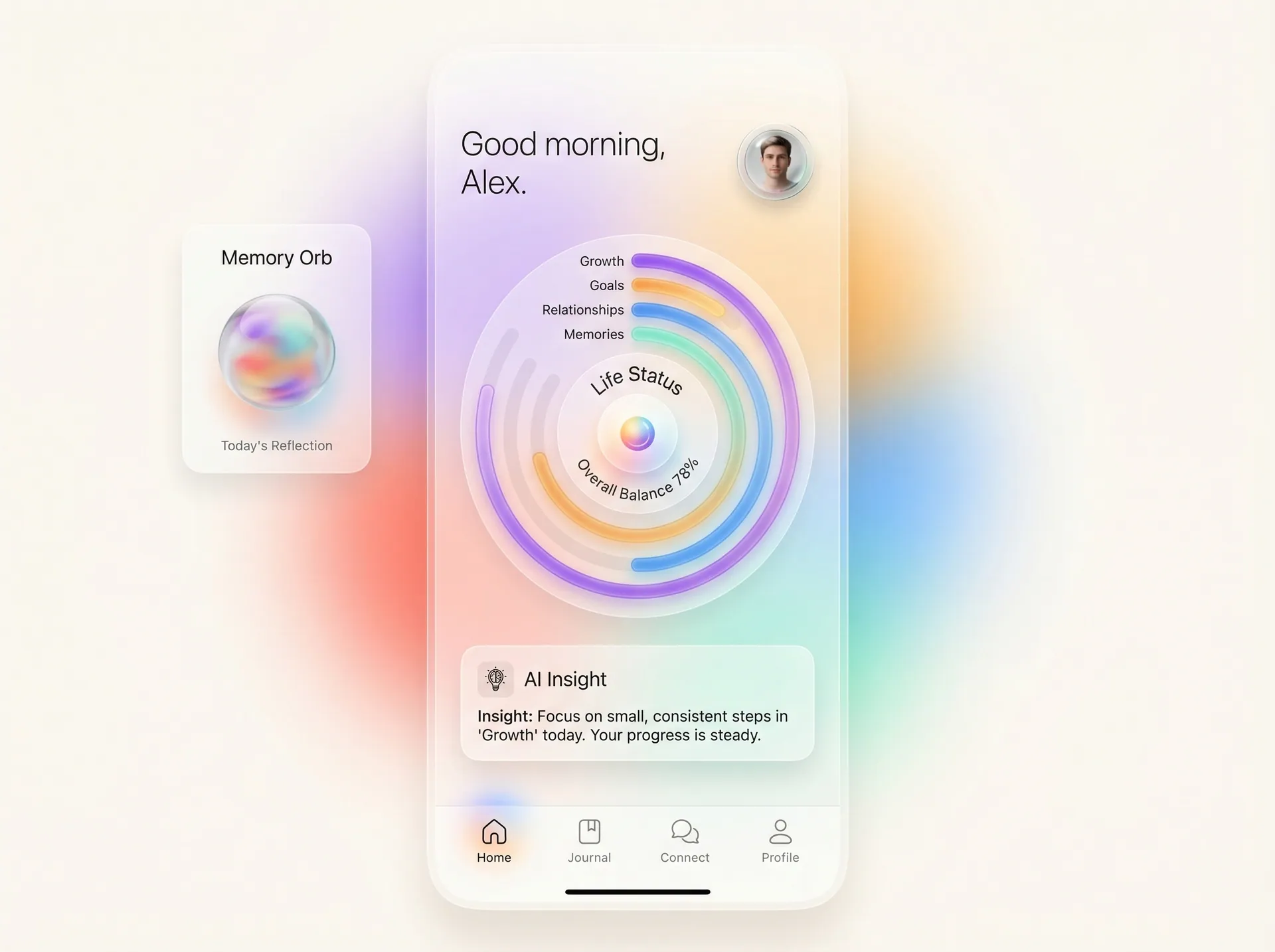 ORBN app UI design, home life status ai insight