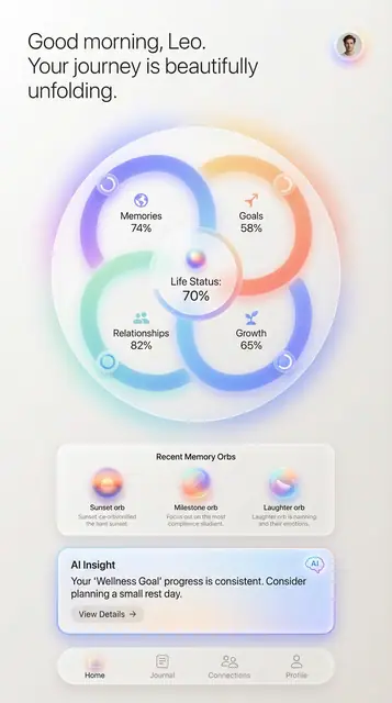 ORBN app UI design, home life status full screen