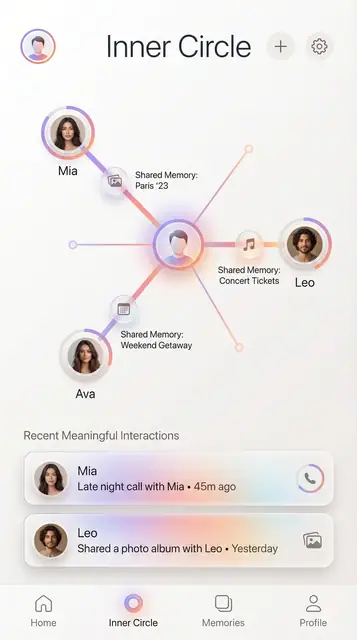 ORBN app UI design, inner circle connections map