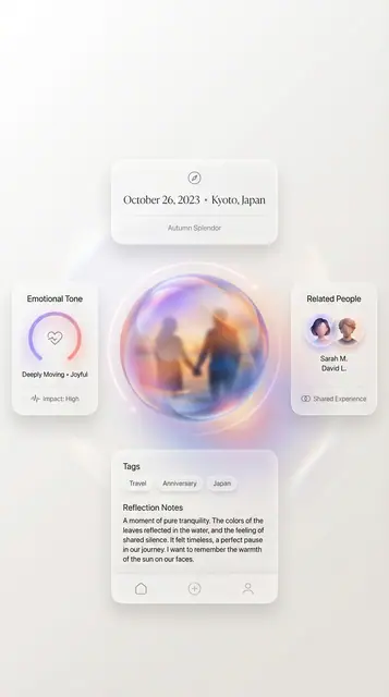 ORBN app UI design, memory detail emotional tone